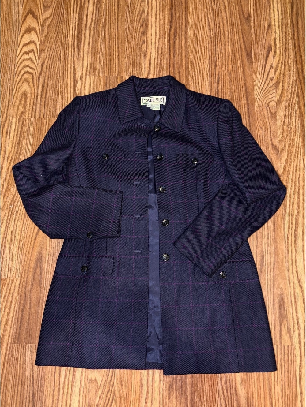 Vintage CARLISLE Purple Windowpane Plaid Longline Blazer Coat